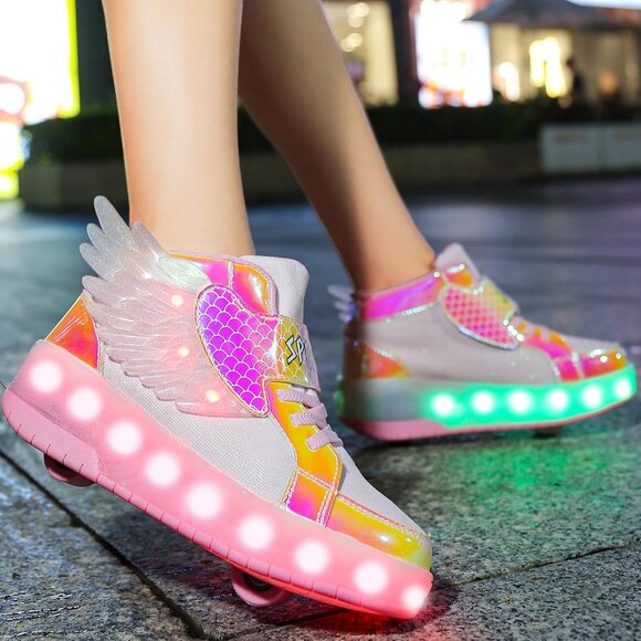 Kid's Girls Pink USB Chargable LED Lighting Roller Wheeled Skate Sneaker Shoes - Picture 4 of 7